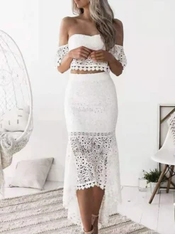 Women's Lace Dress Dress Set Two Piece Dress Long Dress Maxi Dress White Wine Dark Blue Short Sleeve Pure Color Lace Summer Spring Strapless Stylish Slim 2023 S M L XL