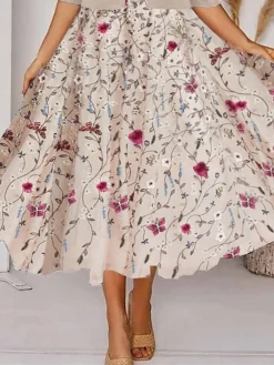 Women's Two Piece Dress Set Party Dress Chiffon Dress Party Outdoor Fashion Party Print Midi Dress V Neck Half Sleeve Floral Regular Fit Apricot Summer Spring S M L XL XXL -Party Prom Dresses Sales Store looxlm1685010270581
