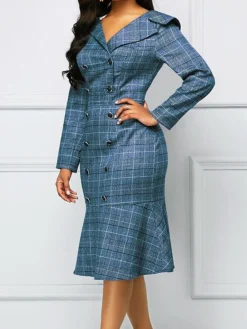 Women's Work Dress Sheath Dress Semi Formal Dress Fashion Office Daily Workfashion Midi Dress Ruffle Button Shirt Collar Long Sleeve Plaid Regular Fit Blue Purple Gray Fall Winter S M L XL XXL -Party Prom Dresses Sales Store losxqt1695027393493