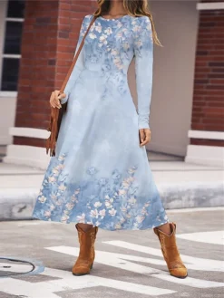 Women's Work Dress Casual Dress Swing Dress Fashion Winter Dress Daily Midi Dress Print Crew Neck Long Sleeve Floral Regular Fit Pink Blue Green Fall Winter S M L XL XXL -Party Prom Dresses Sales Store loxtor1696645466242