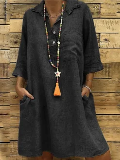 Women's Shirt Dress Cotton Linen Dress Shift Dress Mini Dress Cotton And Linen Daily Vacation Shirt Collar Pocket 3/4 Length Sleeve Summer Spring Fall 2023 Loose Fit Black Pink Green Pure Color S M L -Party Prom Dresses Sales Store lpemoh1608531316133