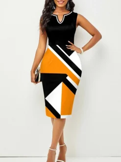 Women's Work Dress Sheath Dress Semi Formal Dress Fashion Midi Dress Print V Neck Sleeveless Color Block Regular Fit Yellow Summer Spring S M L XL XXL -Party Prom Dresses Sales Store lpiqzz1678431532818