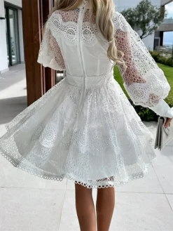 Women's Party Dress Lace Dress Homecoming Dress Mini Dress Black White Long Sleeve Pure Color Lace Summer Spring Fall Stand Collar Fashion Wedding Guest Birthday Vacation Slim 2023 S M L XL -Party Prom Dresses Sales Store lpivpe1681263745708