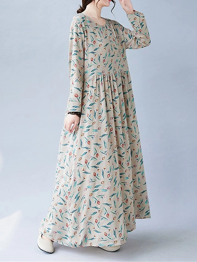 Women's Casual Dress Linen Dress Swing Dress Maxi Long Dress Linen Fashion Modern Outdoor Daily Holiday Crew Neck Print Long Sleeve Fall Winter Autumn 2023 Loose Fit Apricot Flower L XL 2XL 13 Women's Casual Dress Linen Dress Swing Dress Maxi Long Dress Linen Fashion Modern Outdoor Daily Holiday Crew Neck Print Long Sleeve Fall Winter Autumn 2023 Loose Fit Apricot Flower L XL 2XL - Image 13