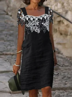 Women's Casual Dress Cotton Linen Dress Shift Dress Midi Dress Cotton Blend Fashion Modern Outdoor Daily Vacation Square Neck Lace Short Sleeve Summer Spring 2023 Regular Fit Black White Gray Leaf S -Party Prom Dresses Sales Store lpvarg1682056853770