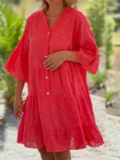 Women's Casual Dress Cotton Linen Dress Shift Dress Midi Dress Cotton Blend Fashion Casual Outdoor Daily Vacation Split Neck Ruffle Button 3/4 Length Sleeve Summer Spring Fall 2023 Loose Fit White Red -Party Prom Dresses Sales Store lpzdvu1685442943305