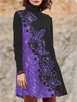 Women's Work Dress Casual Dress Swing Dress Fashion Winter Dress Daily Mini Dress Print Turtleneck Long Sleeve Floral Geometric Regular Fit Black Blue Purple Fall Winter S M L XL XXL