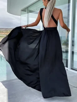 Women's Party Dress Homecoming Dress Satin Dress Pink Dress Long Dress Maxi Dress Black Light Green Wine Sleeveless Pure Color Lace Up Summer Spring Fall V Neck Fashion Evening Party Wedding Guest -Party Prom Dresses Sales Store lqcvhi1685586735196