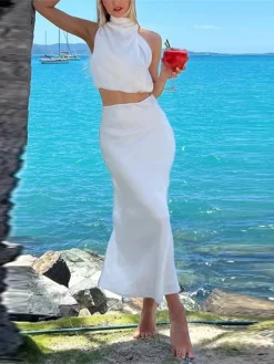 Women's Two Piece Dress Set Casual Dress Skirt Set Daily Holiday Fashion Sexy Ruched Long Dress Maxi Dress Stand Collar Sleeveless Plain Regular Fit Black White Light Green Summer Spring S M L XL -Party Prom Dresses Sales Store lqgxfn1690857195990