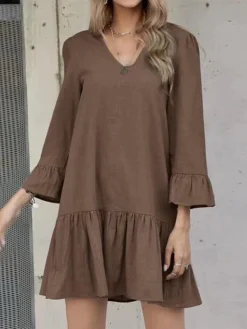 Women's Casual Dress Cotton Dress Swing Dress Cotton Blend Fashion Classic Holiday Weekend Beaches V Neck Pleated Ruffle Long Sleeve Navy Blue Brown Green S M L XL 2XL