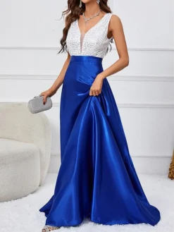 Women's Prom Dress Party Dress Sequin Dress Long Dress Maxi Dress Blue Sleeveless Color Block Sequins Spring Fall Winter V Neck Fashion Wedding Guest Birthday Evening Party 2023 S M L XL -Party Prom Dresses Sales Store lqoesq1696076962519