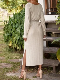 Women's Sweater Dress Winter Dress Jumper Dress Midi Dress Lace Up Split Outdoor Work Street Fashion Modern V Neck Long Sleeve 2023 Loose Fit Apricot Color S M L Size -Party Prom Dresses Sales Store lqqvlh1695034923049