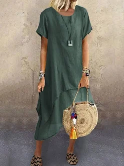 Women's Casual Dress Cotton Linen Dress A Line Dress Midi Dress Cotton Blend Basic Modern Outdoor Daily Crew Neck Ruffle Layered Short Sleeve Summer Spring 2023 Loose Fit Blue Green Gray Plain S M L -Party Prom Dresses Sales Store lqzkyq1683603768040