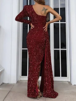 Women‘s Prom Dress Party Dress Sequin Dress Long Dress Maxi Dress Silver Pink Wine Long Sleeve Pure Color Sparkly Glitter Sequins Fall Winter Autumn One Shoulder Fashion Winter Dress Evening -Party Prom Dresses Sales Store lrdydr1694661302197