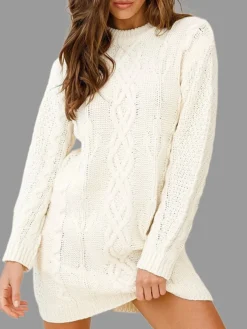 Women's Sweater Dress Jumper Dress Casual Dress Mini Dress Warm Pure Color Outdoor Casual Daily Going Out Crew Neck Long Sleeve 2023 Loose Fit White S M L