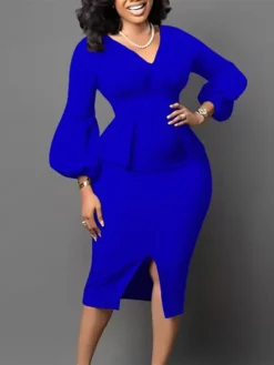 Women's Work Dress Sheath Dress Black Dress Fashion Puff Sleeve Midi Dress Ruched Split V Neck Long Sleeve Plain Regular Fit Black White Red Fall Winter S M L XL XXL -Party Prom Dresses Sales Store lrybyq1693206400462