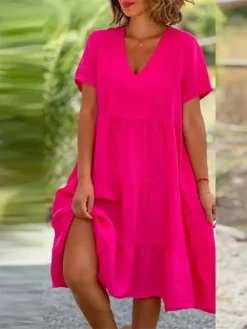 Women's Casual Dress Cotton Linen Dress Swing Dress Midi Dress Linen Cotton Blend Daily Modern Outdoor Daily Holiday V Neck Ruched Ruffle Short Sleeve Summer Spring 2023 Loose Fit Light Blue Rose Red