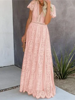 Women's Party Dress Lace Dress Swing Dress Long Dress Maxi Dress Pink White Short Sleeve Pure Color Lace Spring Summer V Neck Modern 2023 S M L XL XXL -Party Prom Dresses Sales Store lsbklg1652151588300