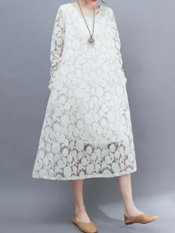 Women's Work Dress Lace Dress Black Dress Fashion Midi Dress Lace Pocket Crew Neck Long Sleeve Plain Loose Fit Black White Pink Fall M L XL XXL 3XL