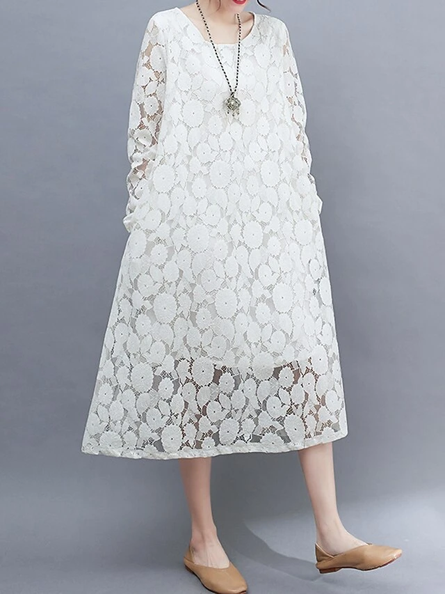 Women's Work Dress Lace Dress Black Dress Fashion Midi Dress Lace Pocket Crew Neck Long Sleeve Plain Loose Fit Black White Pink Fall M L XL XXL 3XL 1 Women's Work Dress Lace Dress Black Dress Fashion Midi Dress Lace Pocket Crew Neck Long Sleeve Plain Loose Fit Black White Pink Fall M L XL XXL 3XL