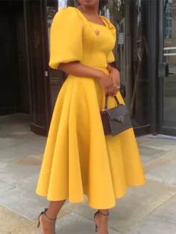 Women‘s Semi Formal Party Dress Wedding Guest Dress Satin Dress Swing Dress Midi Dress Yellow Blue Orange Half Sleeve Pure Color Ruched Winter Fall Square Neck 2023 S M L XL XXL 3XL -Party Prom Dresses Sales Store lswdpl1660640930883