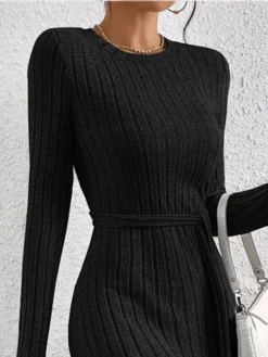Women's Sweater Dress Jumper Dress Casual Dress Midi Dress Warm Plain Outdoor Casual Daily Going Out Crew Neck Long Sleeve Lace Up 2023 Slim Black XS S M L -Party Prom Dresses Sales Store ltache1694670802938