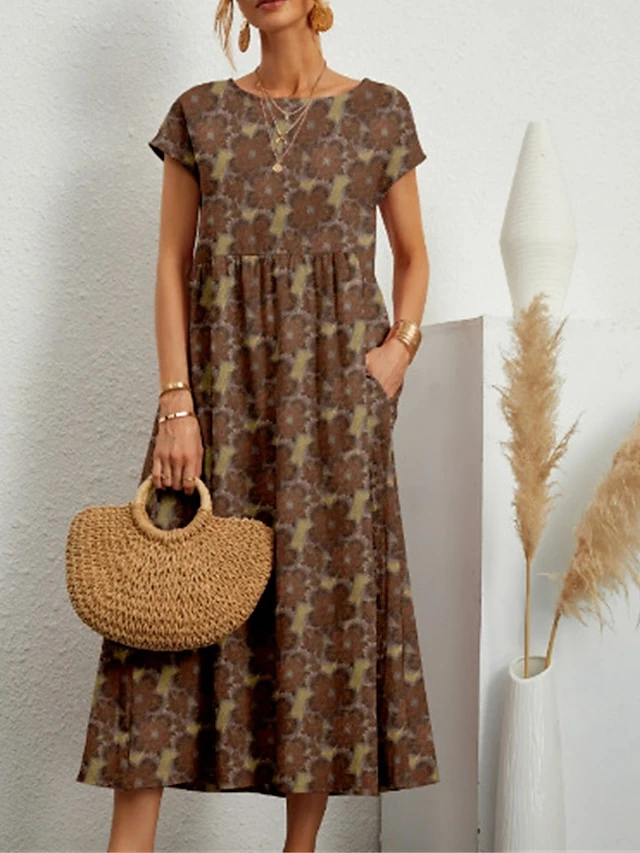 Women's Casual Dress Cotton Linen Dress Swing Dress Midi Dress Linen / Cotton Blend Fashion Casual Outdoor Daily Holiday Crew Neck Pocket Print Short Sleeve Summer Spring 2023 Loose Fit ArmyGreen 6 Women's Casual Dress Cotton Linen Dress Swing Dress Midi Dress Linen / Cotton Blend Fashion Casual Outdoor Daily Holiday Crew Neck Pocket Print Short Sleeve Summer Spring 2023 Loose Fit ArmyGreen - Image 6