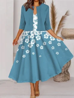 Women's Two Piece Dress Set Casual Dress Tank Dress Outdoor Daily Fashion Streetwear Pocket Print Midi Dress V Neck 3/4 Length Sleeve Floral Ombre Regular Fit Blue Brown Green Spring Fall S M L XL XXL