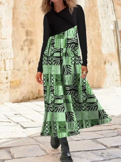 Women's Work Dress Casual Dress Swing Dress Fashion Winter Dress Daily Long Dress Maxi Dress Button Print V Neck Long Sleeve Color Block Tribal Regular Fit Royal Blue Blue Green Fall Winter S M L XL -Party Prom Dresses Sales Store ltjdpr1695350910859