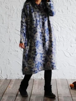 Women's Casual Dress Cotton Linen Dress Loose Dress Midi Dress Cotton Blend Daily Stylish Outdoor Daily Vacation V Neck Button Print Long Sleeve Spring Fall Winter 2023 Loose Fit Red Blue Green Floral