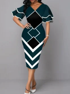 Women's Work Dress Sheath Dress Semi Formal Dress Fashion Office Daily Midi Dress Print V Neck Half Sleeve Geometric Regular Fit Yellow Wine Royal Blue Fall Winter S M L XL XXL -Party Prom Dresses Sales Store ltrpbp1696732974755