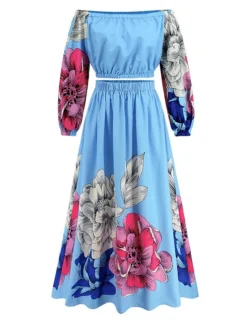 Women's Two Piece Dress Set Casual Dress Skirt Set Daily Going Out Casual Ruched Print Long Dress Maxi Dress Off Shoulder Long Sleeve Floral Regular Fit Blue Green Rose Red Fall Winter S M L XL XXL -Party Prom Dresses Sales Store lucdix1692339434728