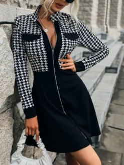 Women's A Line Formal Dress Plaid Formal Dress Tartan Formal Dress Mini Formal Dress Black Long Sleeve Houndstooth Zipper Winter Fall Autumn Shirt Collar Fashion Winter Formal Dress Weekend Fall -Party Prom Dresses Sales Store lveshh1663582873791