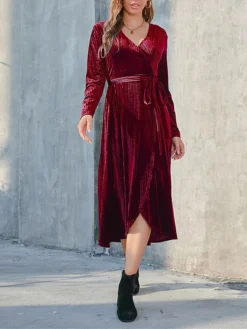 Women's Party Dress Velvet Dress Cocktail Dress Midi Dress Black Wine Brown Long Sleeve Pure Color Lace Up Spring Fall Winter V Neck Fashion Winter Dress Birthday Wedding Guest 2023 S M L XL XXL 3XL -Party Prom Dresses Sales Store lvlrlm1692078936482