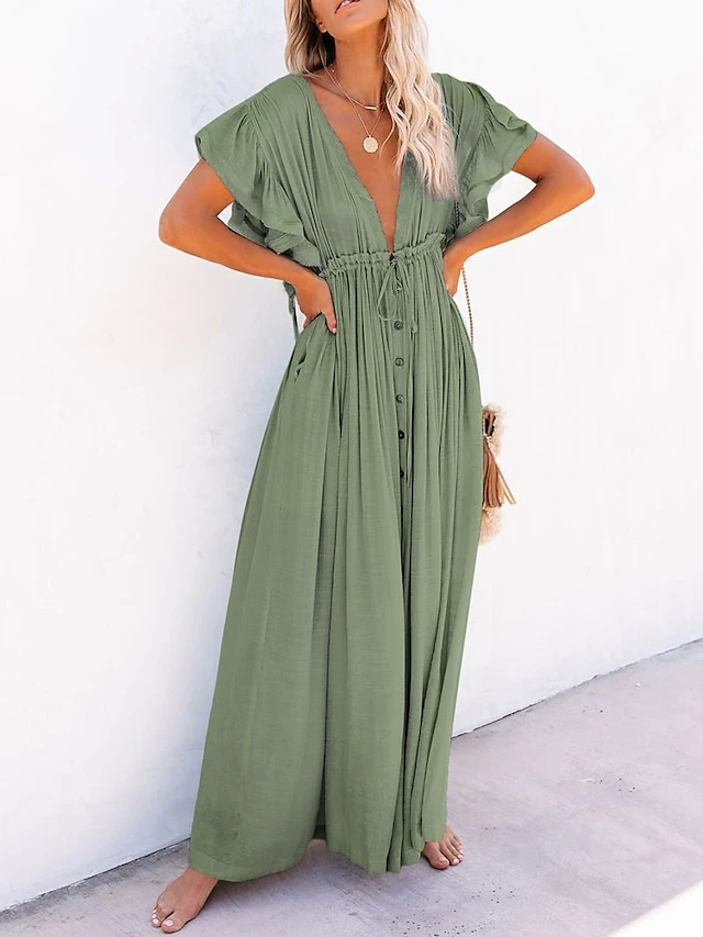 Women's Swing Dress Maxi Long Dress Green Orange Rust Red White Black Backless Short Sleeve Solid Color Summer Spring V Neck Boho Beach Loose 2023 One-Size 8 Women's Swing Dress Maxi Long Dress Green Orange Rust Red White Black Backless Short Sleeve Solid Color Summer Spring V Neck Boho Beach Loose 2023 One-Size - Image 8