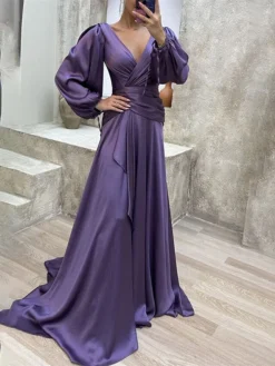 Women's Prom Dress Party Dress Satin Dress Long Dress Maxi Dress Wine Purple Green Long Sleeve Pure Color Lace Up Fall Winter Autumn V Neck Fashion Winter Dress Evening Party Vacation 2023 S M L XL