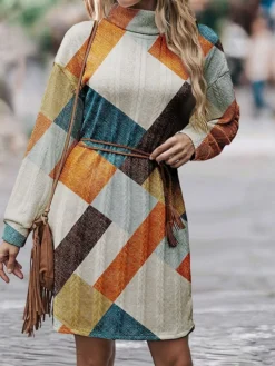 Women's Sweater Dress Jumper Dress Casual Dress Mini Dress Warm Plaid Outdoor Daily Vacation Going Out Turtleneck Long Sleeve 2023 Loose Fit Blue Orange Green S M L XL XXL 3XL