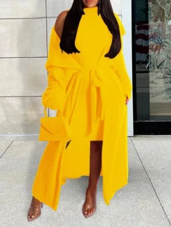 Women's Two Piece Dress Set Casual Dress Sheath Dress Daily Going Out Fashion Streetwear Lace Up Midi Dress Stand Collar Long Sleeve Plain Slim Black Yellow Wine Fall Winter S M L XL XXL -Party Prom Dresses Sales Store lvuoje1693295530712