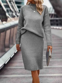 Women's Two Piece Dress Set Casual Dress Skirt Set Outdoor Daily Fashion Streetwear Ribbed Midi Dress Stand Collar Long Sleeve Plain Loose Fit Khaki Gray Fall Winter S M L XL XXL 8 Women's Two Piece Dress Set Casual Dress Skirt Set Outdoor Daily Fashion Streetwear Ribbed Midi Dress Stand Collar Long Sleeve Plain Loose Fit Khaki Gray Fall Winter S M L XL XXL -Party Prom Dresses Sales Store lwamof1693534950998