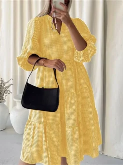 Women's Casual Dress Cotton Dress Midi Dress Cotton Basic Classic Outdoor Daily Vacation V Neck Print Long Sleeve Spring Fall Winter 2023 Loose Fit Black Yellow Red Plaid S M L XL 2XL -Party Prom Dresses Sales Store lwapcj1692695629147