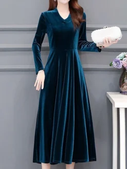 Women‘s Party Dress Wedding Guest Dress Velvet Dress Work Dress Midi Dress Black Wine Royal Blue Long Sleeve Pure Color Ruched Winter Fall Spring V Neck Fashion Spring Dress 2023 M L XL 2XL 3XL 4XL -Party Prom Dresses Sales Store lwogic1671789635493