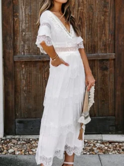 Women's Party Dress Lace Dress White Dress Midi Dress Black Pink White Half Sleeve Pure Color Lace Spring Summer V Neck S M L XL XXL -Party Prom Dresses Sales Store lwtewo1635477857891
