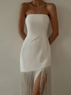 Women's Fringe Dress Bodycon Midi Dress White Black Sleeveless Pure Color Backless Tassel Fringe Spring Summer Strapless Stylish Elegant Sexy Slim 2022 S M L / Party Dress