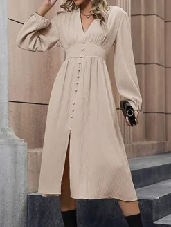 Women's Work Dress Casual Dress Swing Dress Fashion Office Daily Workfashion Midi Dress Button Split V Neck Long Sleeve Plain Regular Fit Apricot Fall Winter S M L XL -Party Prom Dresses Sales Store lxayav1695096214241