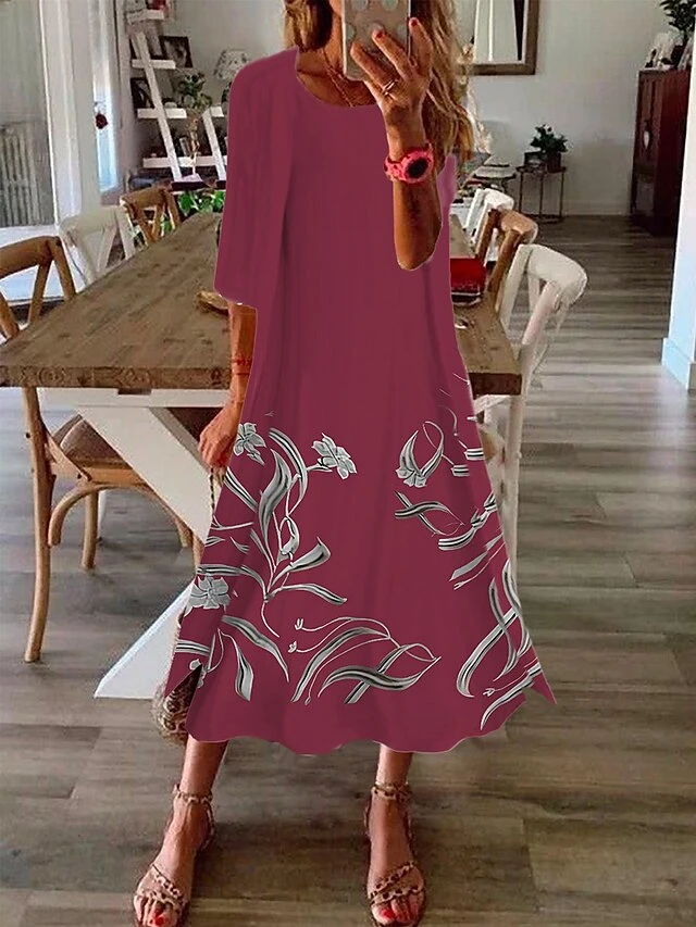 Women's Two Piece Dress Set Casual Dress Print Dress Outdoor Daily Fashion Elegant Print Midi Dress Crew Neck 3/4 Length Sleeve Floral Regular Fit Wine Blue Purple Summer Spring S M L XL XXL 3 Women's Two Piece Dress Set Casual Dress Print Dress Outdoor Daily Fashion Elegant Print Midi Dress Crew Neck 3/4 Length Sleeve Floral Regular Fit Wine Blue Purple Summer Spring S M L XL XXL - Image 3