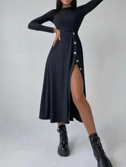 Women's Sweater Dress Winter Dress Jumper Dress Midi Dress Button Split Daily Date Going Out Fashion Basic Crew Neck Long Sleeve 2023 Regular Fit Black Blue Camel Color S M L XL Size