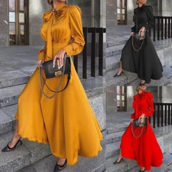 Women‘s Party Dress Wedding Guest Dress Satin Dress Swing Dress Long Dress Maxi Dress Black Yellow Red Long Sleeve Pure Color Lace Up Fall Autumn Stand Collar Modern Winter Dress 2023 S M L XL XXL