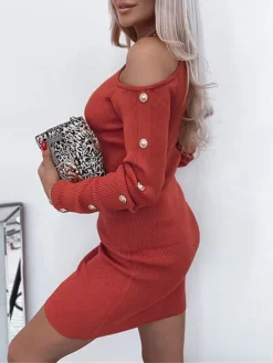 Women's Sweater Dress Jumper Dress Casual Dress Mini Dress Active Pure Color Outdoor Casual Holiday Vacation Crew Neck Long Sleeve Button 2023 Regular Fit Black Red Blue S M L XL XXL 3XL -Party Prom Dresses Sales Store lzldsc1693535024154