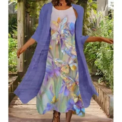 Women's Dress Set Two Piece Dress Chiffon Dress Midi Dress Purple Green 3/4 Length Sleeve Print Print Summer Spring Crew Neck Vacation 2023 M L XL 2XL 3XL 4XL