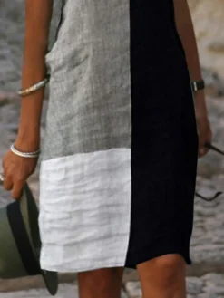 Women's Casual Dress Cotton Linen Dress Shift Dress Midi Dress Cotton Blend Modern Casual Daily Vacation V Neck Patchwork Button Short Sleeve Summer Spring 2023 Regular Fit White Color Block S M L XL -Party Prom Dresses Sales Store lzqghv1678353096911